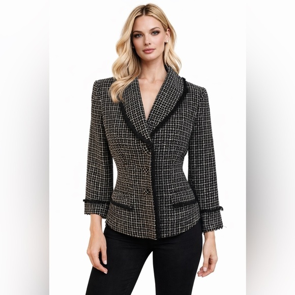 Laundry By Shelli Segal Jackets & Blazers - Laundry By Shelli Segal Womens Blazer Size 6 Black/white Tweed Fringe Shimmer